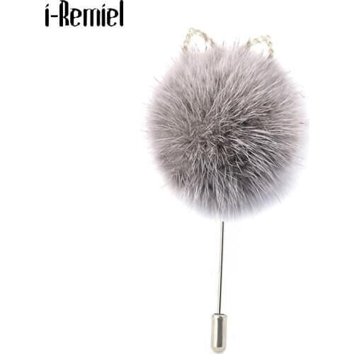 Fashion Autumn Winter Large Mink Fur Ball Cloth Pearl Brooch Female Rabbit Ear Coat Lapel Pin Long Needle Accessories Jewelry
