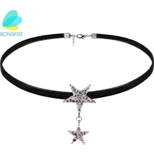 Boniskiss Fashion Black Wax Rope Choker Necklaces Jewelry For Women Crystal Star Statement Necklaces Collares Hot