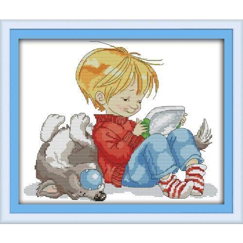 Joy Sunday Children with A Dog Pattern Needlework DIY Cross Stitch Painting Set for Embroidery Kit for Kids Wall Home Decoration