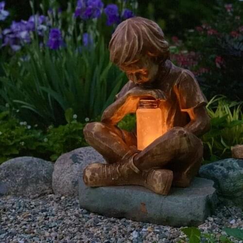 Easter Garden Decoration Glimpses of God Boy Statue Resin Ornament with LED Light Home Garden Decor Yard