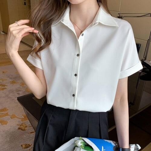 Silk Cotton Shirt Women Button 2021 Summer Tops Office Korean Fashion Clothes Short Sleeve Womens Blouses Shirts Chemisier Femme