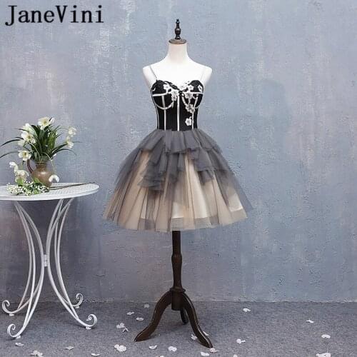JaneVini Sexy Black Short Prom Dresses Girls Teens Tulle Spaghetti Straps Bridesmaid Dresses Sweetheart Summer Party Gowns 2018