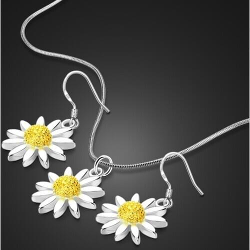 Hot Sale Fashion100% 925 Sterling Silver Earrings /Necklace Jewelry Set For Women Elegant Golden Sunflower Party Jewelry gift
