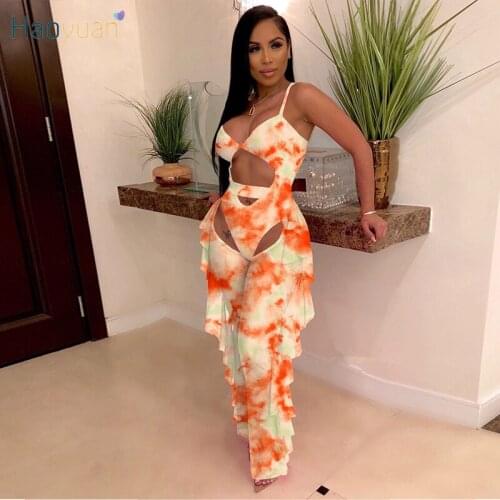 HAOYUAN Sexy Tie Dye Two Piece Set Women Swimsuit Spaghetti Strap Hollow Bodysuit Mesh Pants Vacation Outfits Beach Bathing Suit