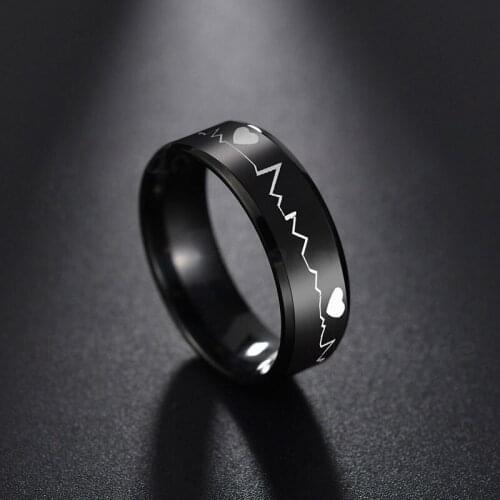 UZone Stainless Steel 8 mm Black Electrocardiogram Heartbeat Rings For Men Punk Jewelry Ring Party Gifts