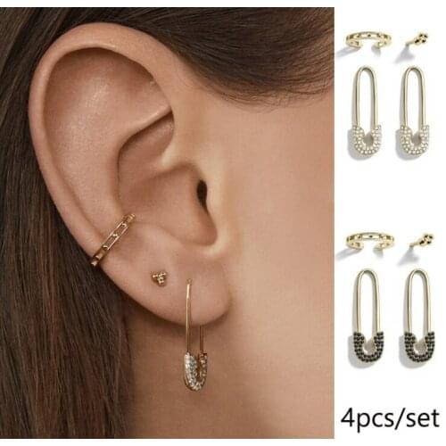 4pcs/Set Safety Pin Studs Earrings for Women Gothic Fashion Punk Shiny Crystal CZ Female Korean Jewelry Ear Cuff Accessories