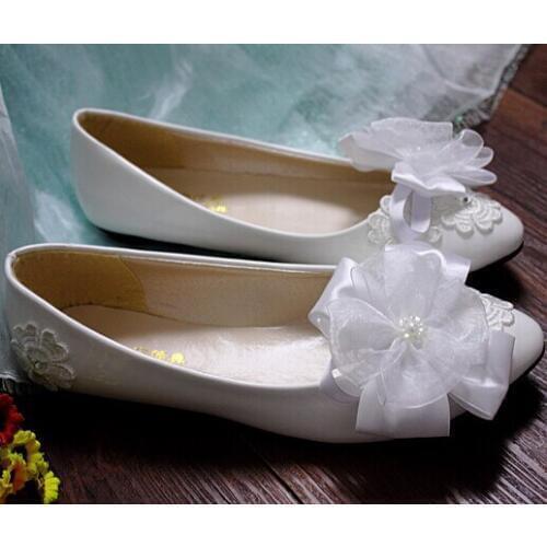 Flats heel woman wedding shoes bridesmaid shoe white bow bowtie pearl ornament female ladies party flats shoe