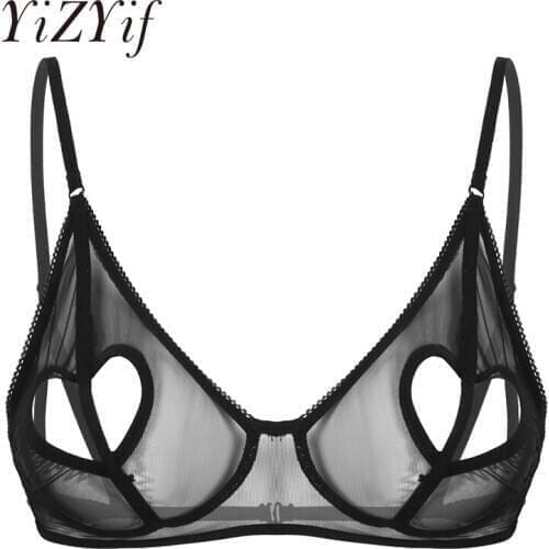 Womens Sexy Open Nipple Bra Naughty Heart Shape Hole Wire-free Unlined Bra Top See Through Sheer Mesh Lingerie Nightwear Bras