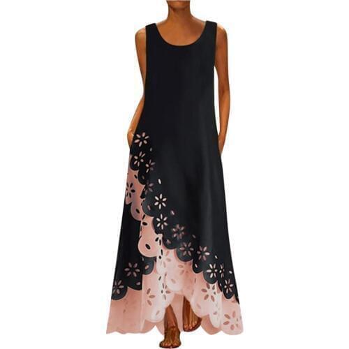 Women Maxi Dress Sleeveless Print Round Neck Long Dress Bohemia Beach Dresses Casual Loose Sexy Party Sundress Vestidos