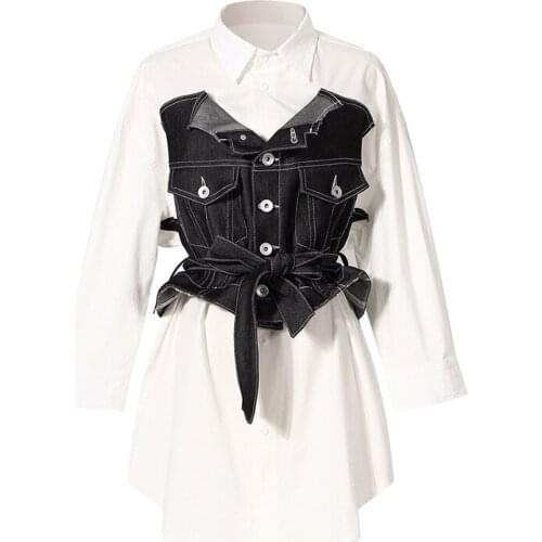 SeeBeautiful Contrast Color Stitching Denim Loose Dress Lapel Long Sleeve Belt Bow New Fashion Summer Autumn 2021 Woman G067