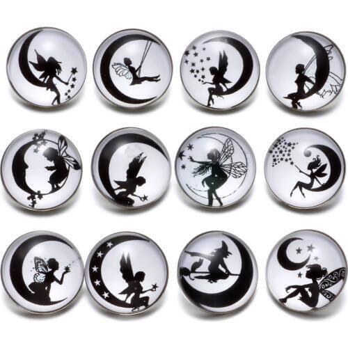 12pcs/lot Black&White Theme Moon & Fairy Pattern 18mm Snap Button Charms For 18mm Snaps Bracelet Snap Jewelry KZ0633