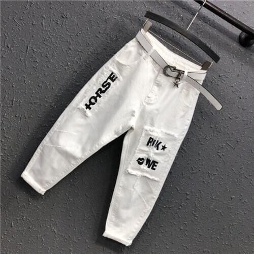 Pants Letter Patchwork Cotton Loose Jeans Plus Size Spring Summer New Korea Fashion Women White Casual Denim Harem 2021