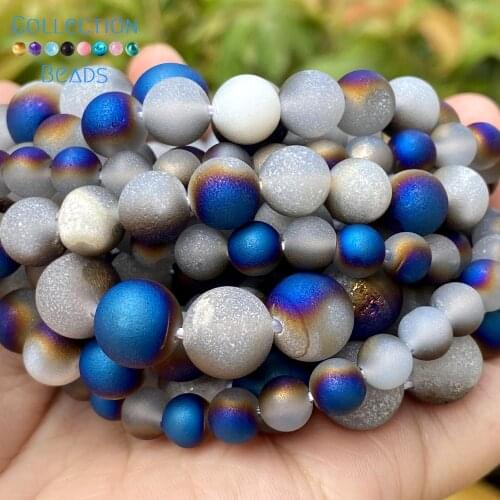 6/8/10mm Natural Stone Beads Blue White Druzy Agates Round Spacer Loose Beads For Jewelry Making DIY Bracelets Accessories 15