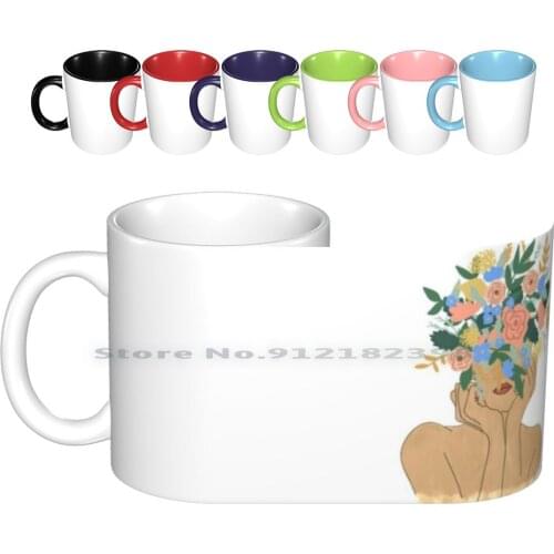 Floral Lady Work Of Art Ceramic Mugs Coffee Cups Milk Tea Mug Flowers Bouquet Floral Lady Womens Feminine Art Woman Posing Lady