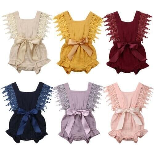 Baby Clothes Bodysuit Newborn Baby Girl Cotton Linen Bow-knot Bodysuits Lace Sleeveless Outfit Clothes