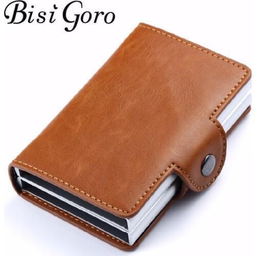 Bisi Goro 2020 New RFID Business Credit Card Holder Metal Blocking Double Aluminium Box Crazy Horse Leather Travel Card Wallet