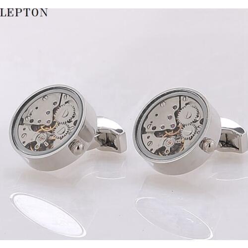 Hot Watch Movement Cufflinks Glass-Fronted Lepton Stainless Steel Steampunk Gear Watch Mechanism Cufflink for Mens Drop Shipping