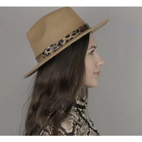 LUCKYLIANJI Leopard Leather Band Solid Color Men Women Wool Felt Panama Hat Fedora Caps (One Size:57cm-US 7 1/8)