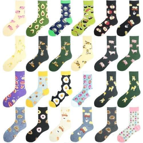 Cute Animal Food Funny Socks Women Skarpetki Doughnuts Eggs Avocados Divertidos Sokken Kawaii Dog Hedgehog Pig Calcetines Mujer