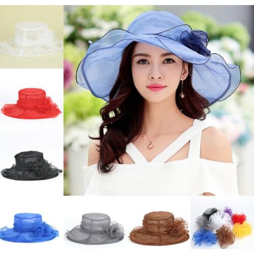 Fashion Women Wide Brim Kentucky Derby Sun Hat Wedding Tea Party Church Organza Hats Purple Gold Red Blue Pink