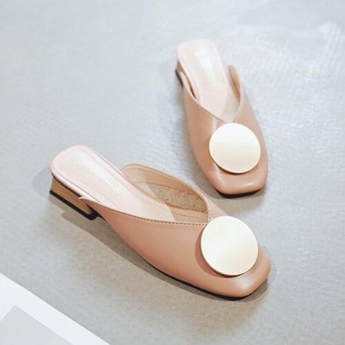 Trend Wooden Heel Pumps Summer Women Mules Elegant Metal Buckle Office Party Ladies Casual Shoes Slip-on Women Slippers