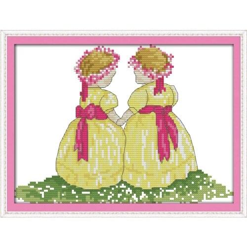 Yellow skirt sister cross stitch kit cartoon 11ct count print canvas stitches embroidery DIY handmade needlework plus