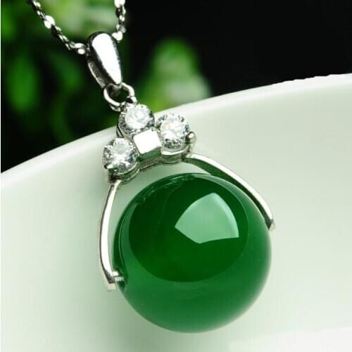 Natural Green Jade Chalcedony Round Agate Pendant 925 Silver Necklace Chinese Carved Charm Jewelry Fashion Amulet for Women Gift