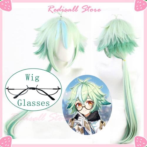 Genshin Impact Sucrose Cosplay Green Mixed Synthetic Long Straight Heat Resistant Hair Adult Men Women Halloween Free Wig Cap