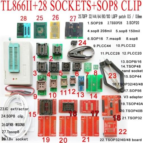 TL866II Plus Minipro Programmer 28 adapter socket SOP8 clip TL866 nand flash 24 93 25 mcu Bios EPROM AVR IC chip programmer