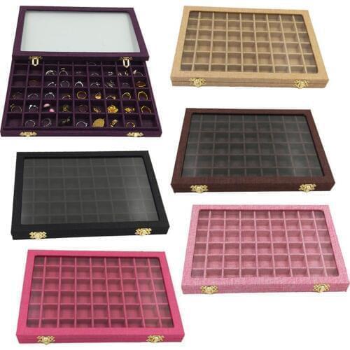Line Board 54 Grids Clear Glass Lid Rings Holder Showcase Jewelry Case Organizer Jewelry Box for Earrings Necklaces Bracelets