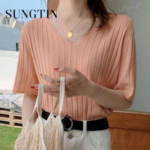 Sungtin Summer Solid Knitted T Shirts for Women Casual Classic V Neck Half Sleeve Tee Tops Korean Fashion Sweet White T Shirt