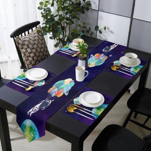 Universe Space Cartoon Earth Planet Astronaut Starry Sky Balloon Table Runner and Placemat Set for Home Party Wedding Decoration