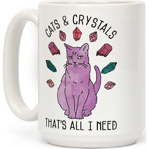 Funny Cats and Crystals White 11 Ounce Ceramic Coffee Mug Cat Lover Gift Mug