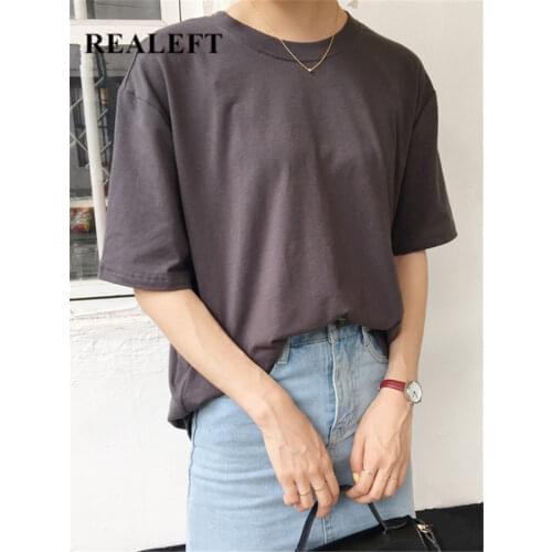 REALEFT 2021 New Summer Cotton Solid Short Sleeve Womens T-Shirts Basic 12 Colors O-Neck Casual Loose Female Shirts Tops Tee
