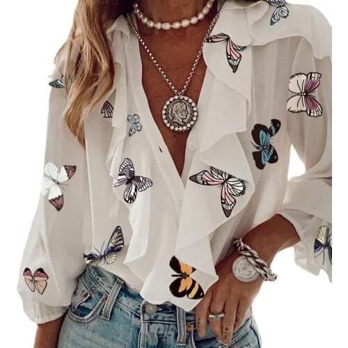 Women T-Shirt Summer fashion Printing V-Neck Chiffon Casual Long Sleeve Sexy Tops for Spring/Summer Womens Clothing 2021