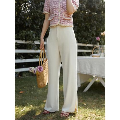 DUSHU Womens Leg Split Straight Loose Casual Pants 2021 Summer New All-match High-waist Black White Women Trousers