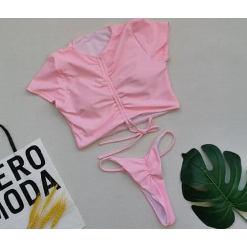 2021 Hot Euro American sexy bikini drawstring short sleeve solid triangle womens split swimsuit free shipping