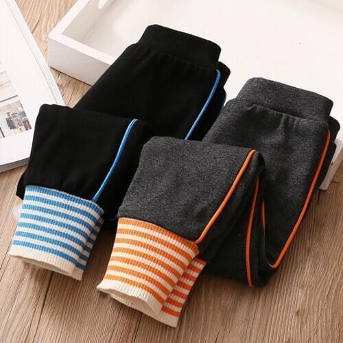 2020 Winter Warm 2-10 Years Children Striped Colorful Patchwork Thickening Plus Velvet Pencil Pants Trousers For Kids Baby Girls