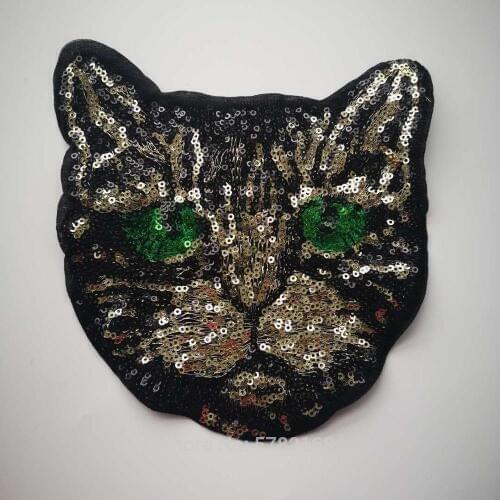 1Pc/17cm Big Cat Sequins Applique Clothing Embroidery Patch Fabric Sticker Iron On Patch Craft Sewing Repair Green Color