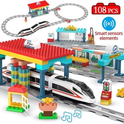 108PCS City Induction Train Station Model Architecture Building Blocks Technical Car Track Sound Bricks Toys For Children