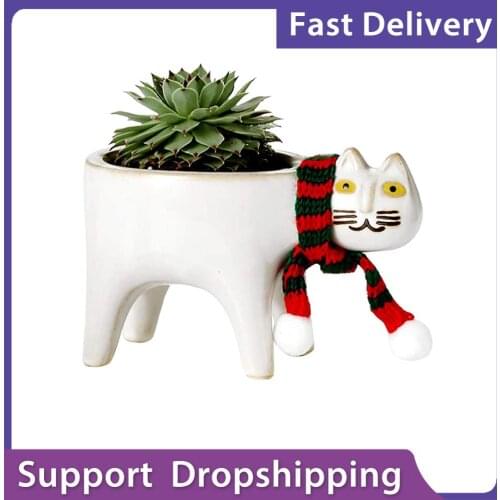 15 * 9 Cm Cute Cat Ceramic Garden Flower Pots Succulent Planter Plant Container Desktop Cartoon Animal Ornaments