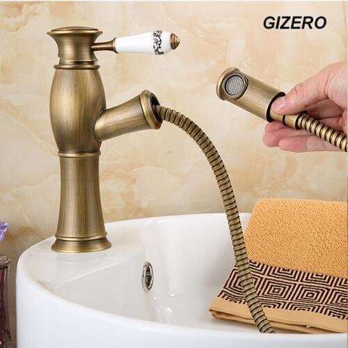 Antique Pull Out Faucets Bathroom Flexible Basin Faucets Crystal Diamond Handle Kitchen Pull Out Faucet Deck Mount ZR181