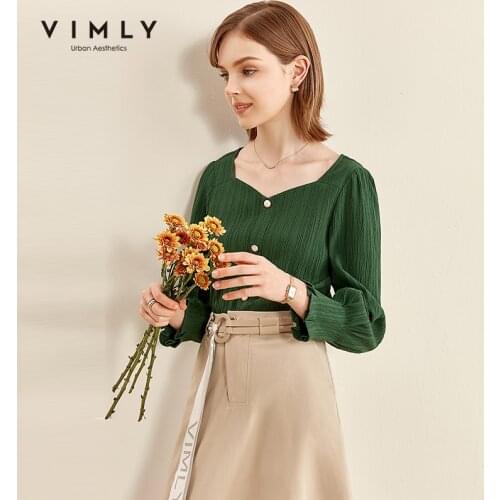 Vimly Women Blouse Vintage V Neck Single Breasted Solid Office Lady Elegant Shirts 2020 Autumn Clothing Female Blusas F2172