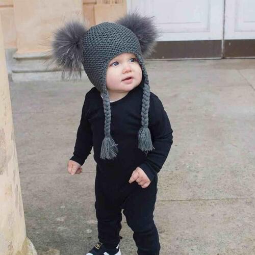 Baby Hat Raccoon Fur Double Ball Girls Cap Winter Knitting Braids Hat For Kids Raccoon Hair Ball Caps For Children