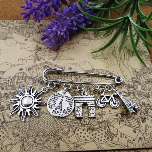 Paris France Pin Brooch Silver Eiffel Tower Croissant Ard De Triomphe & Bike Traveller charm brooch