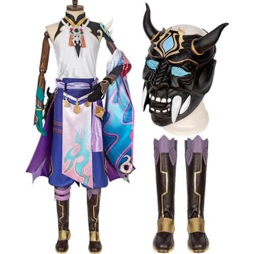 Genshin Impact Xiao Cosplay Costume Carnival Halloween Adult Men Uniform Hot Game Outfit Props Mask and boots