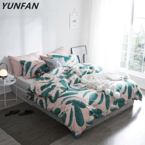 Pink and green Banana leaves bedding set plants print 100% Cotton twin Queen size duvet cover flat sheet pillowcases bedclothes