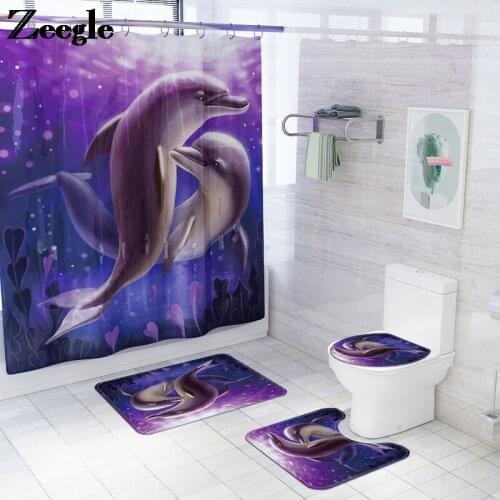 Dolphin Home Decor Bath Mat and Waterproof Shower Curtain Set Absorbent Toilet Mat Anti-slip Floor Pad Bathroom Carpet Rug