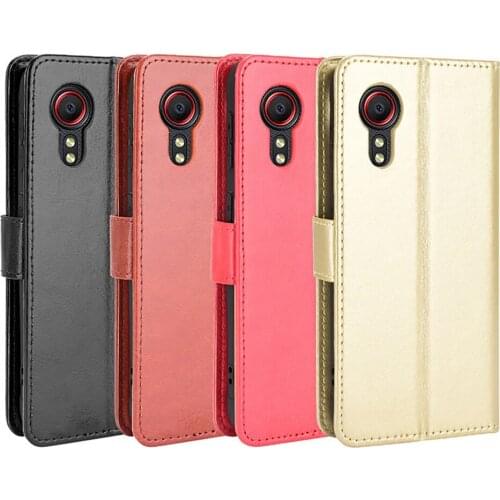 Leather Phone Case Flip Holder Retro Solid Color Protective Cover Skin w/ Wallet Card Sleeve for Samsung Galaxy Xcover 5 Phone