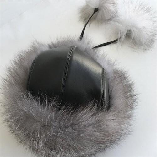 Magicfur - 100% Natural Siver Fox Fur Aviator Hats PU Leather Russia Trapper Hat Caps With EarFlap Warm Winter